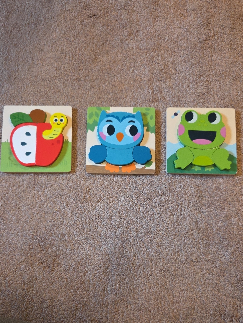 Wooden Trio Puzzle Set - Blue Owl, Green Frog & Red Apple